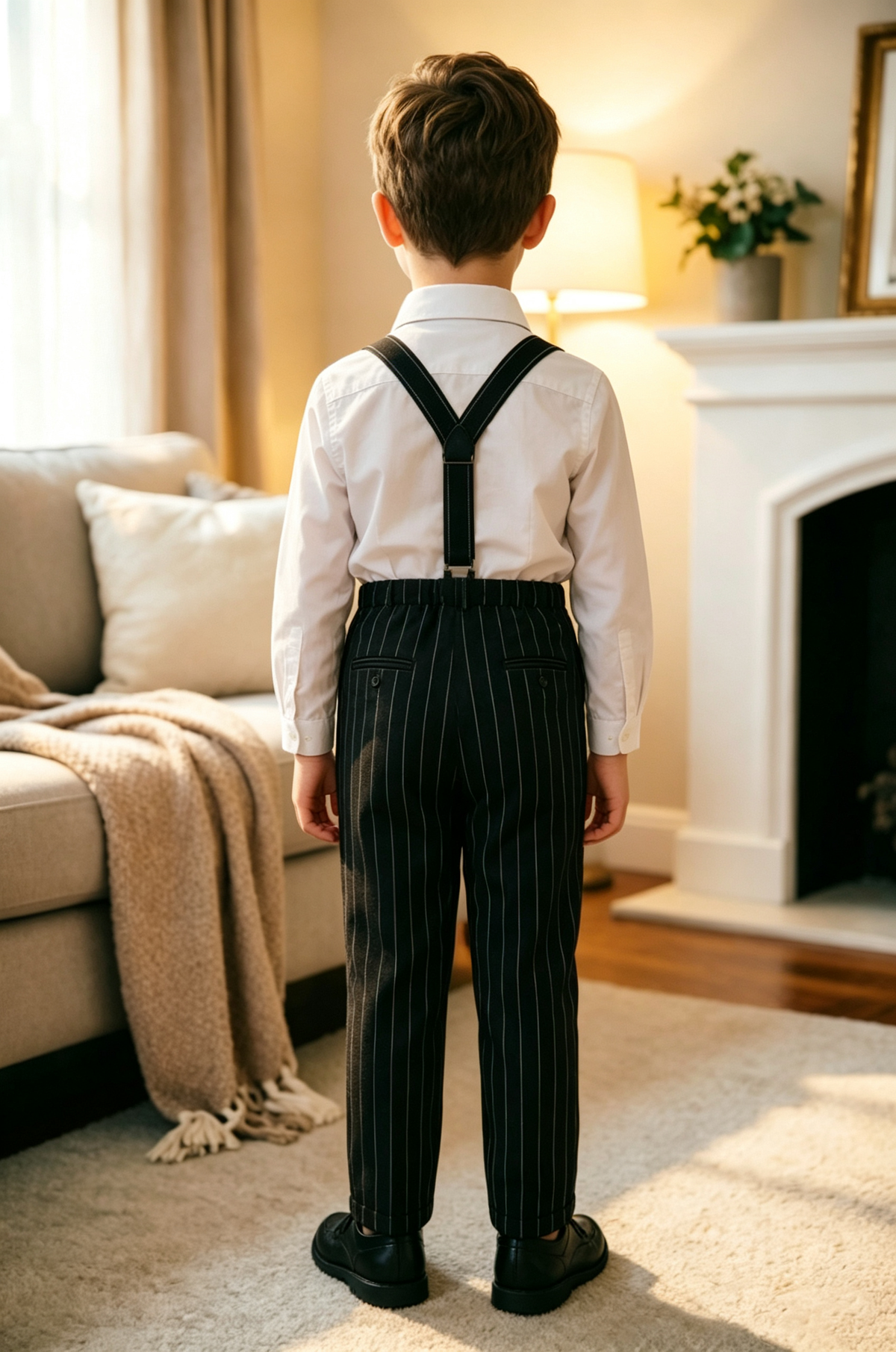 Black Vertical Stripe Blend Straight Leg Dress Pants(Suspenders Not Included)
