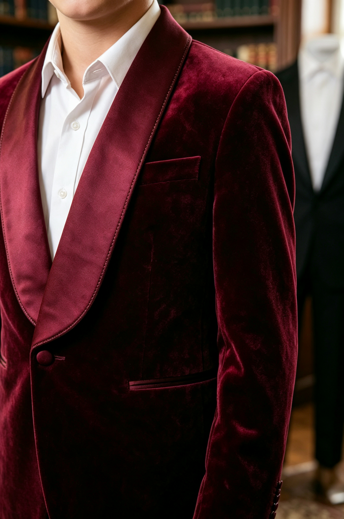 Burgundy Velvet Satin Single Breasted Blazer