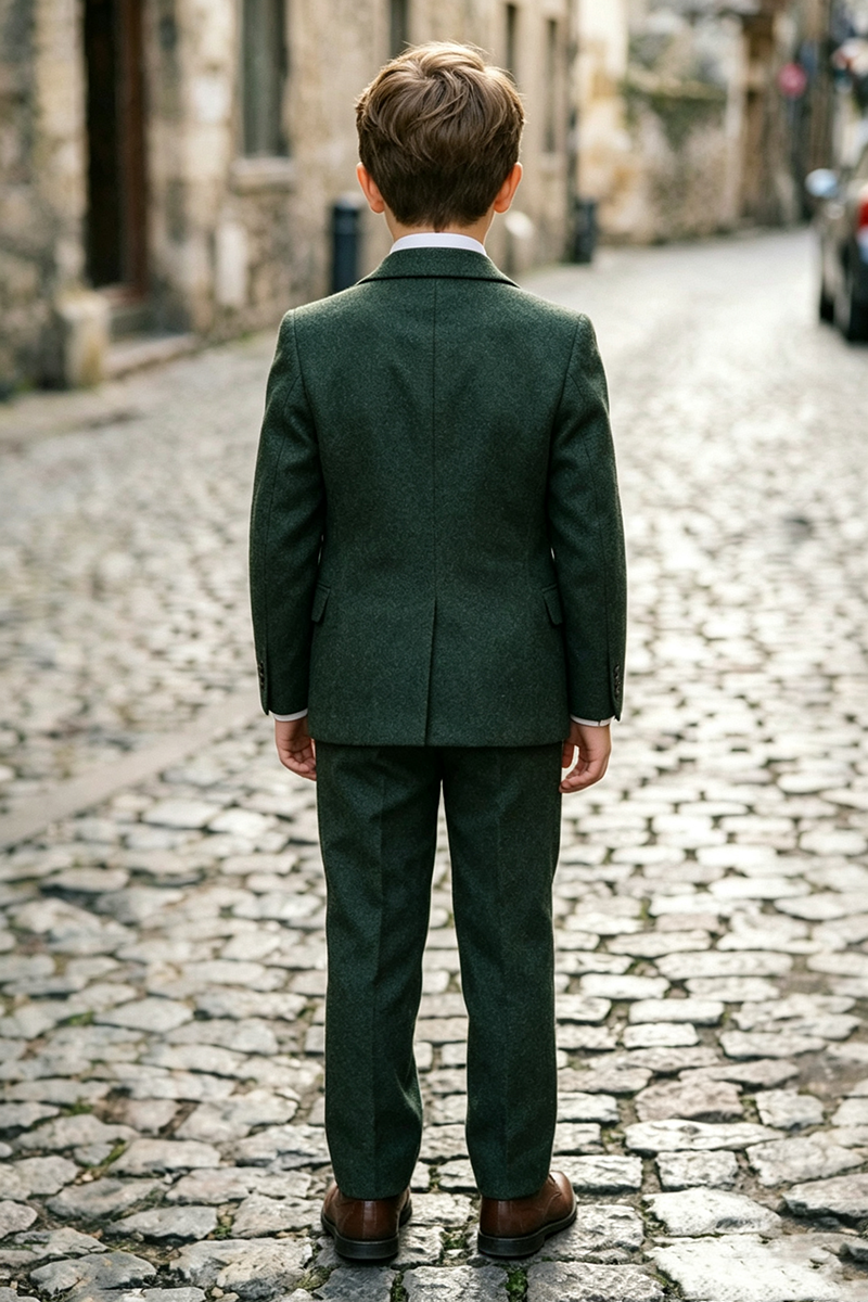 Boys Dark Green with Notch Lapel 3‑Piece Suit for Weddings