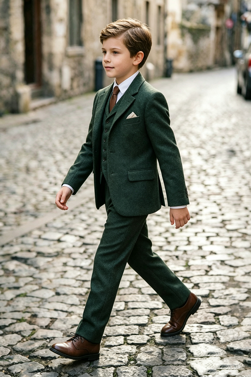 Boys Dark Green with Notch Lapel 3‑Piece Suit for Weddings