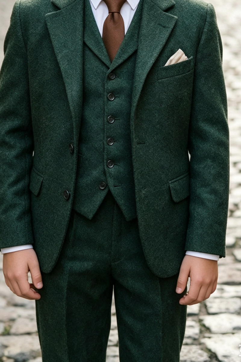 Boys Dark Green with Notch Lapel 3‑Piece Suit for Weddings