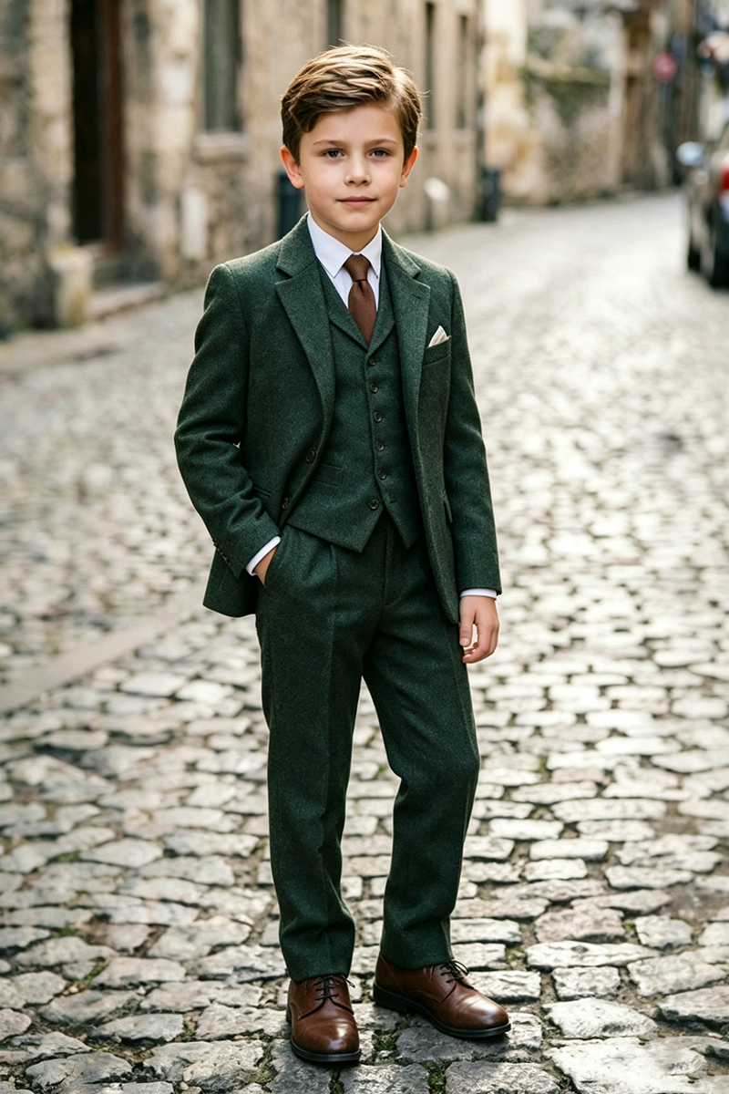 Boys Dark Green with Notch Lapel 3‑Piece Suit for Weddings