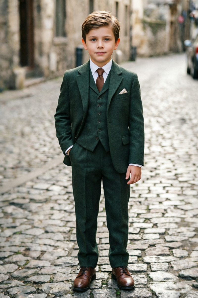 Boys Dark Green with Notch Lapel 3‑Piece Suit for Weddings