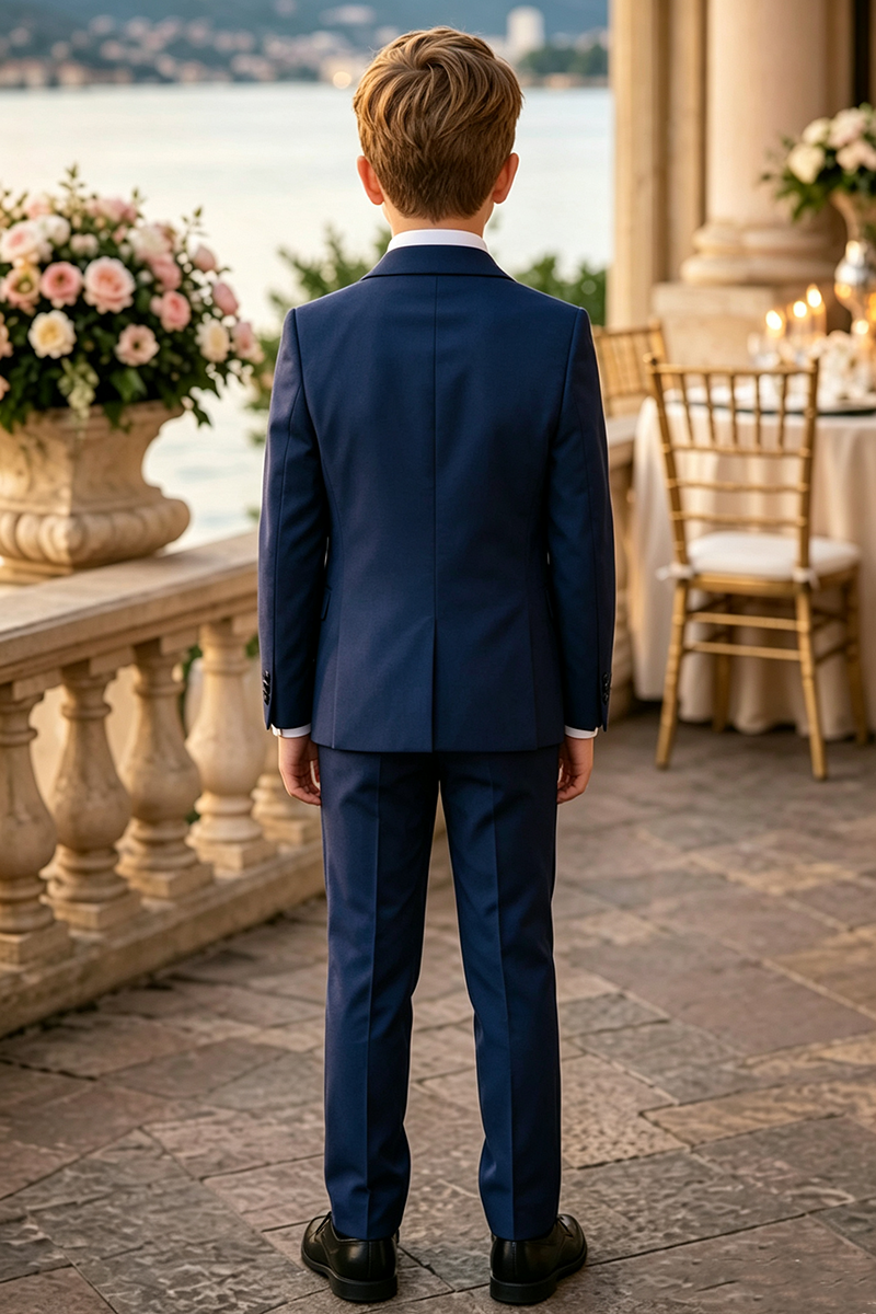 Boys Navy 3‑Piece Suit for Weddings with Velvet Shawl Lapel