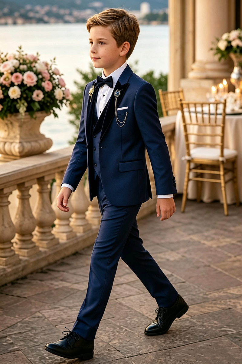 Boys Navy 3‑Piece Suit for Weddings with Velvet Shawl Lapel