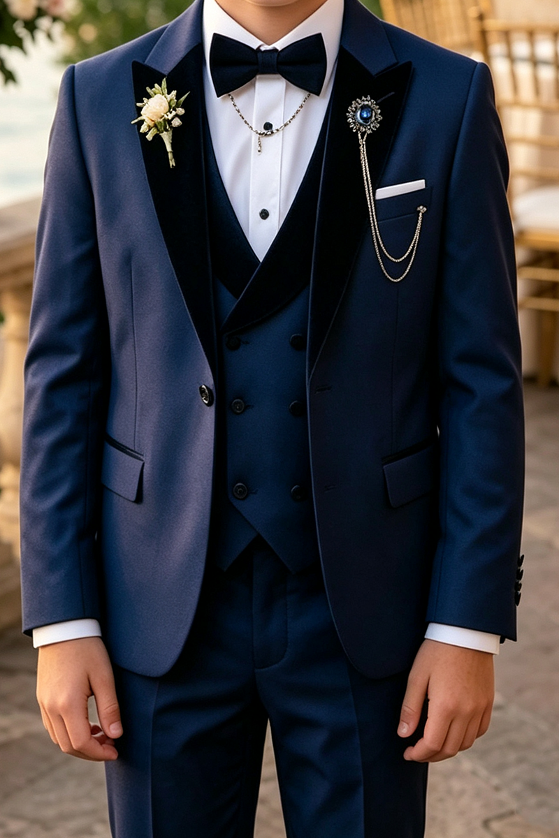 Boys Navy 3‑Piece Suit for Weddings with Velvet Shawl Lapel