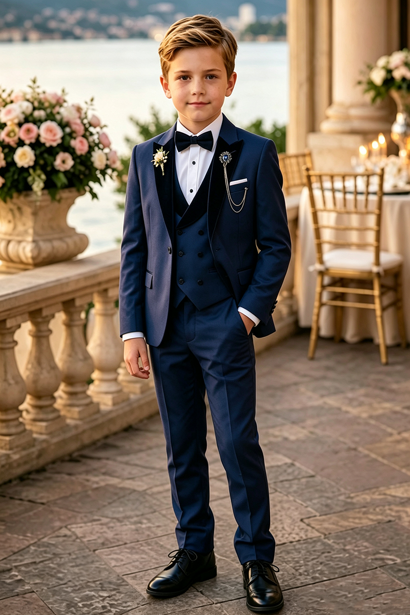 Boys Navy 3‑Piece Suit for Weddings with Velvet Shawl Lapel