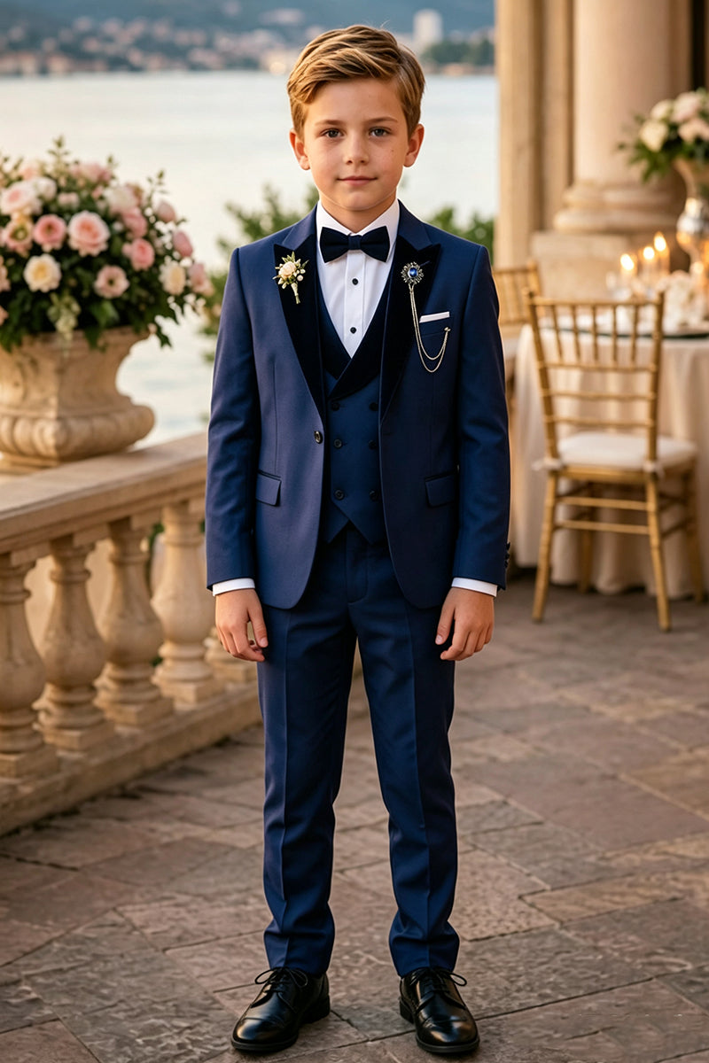 Boys Navy 3‑Piece Suit for Weddings with Velvet Shawl Lapel