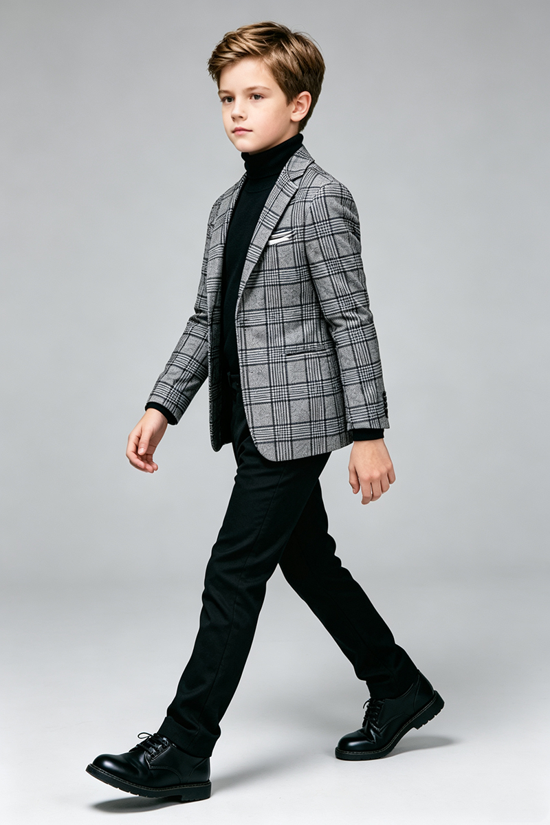 Boys Grey Plaid with Notch Lapel 2‑Piece Suit