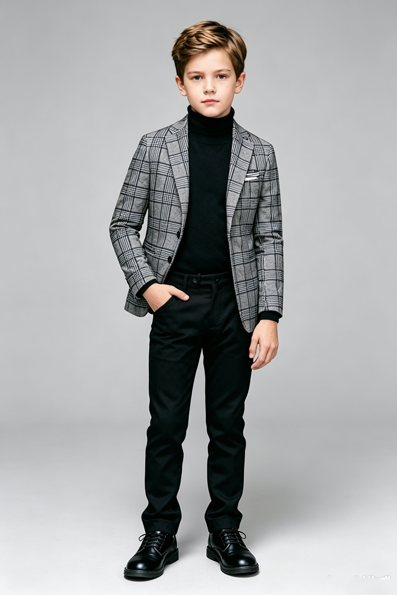 Boys Grey Plaid with Notch Lapel 2‑Piece Suit