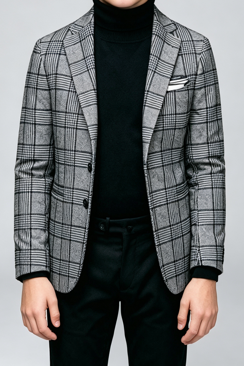 Boys Grey Plaid with Notch Lapel 2‑Piece Suit