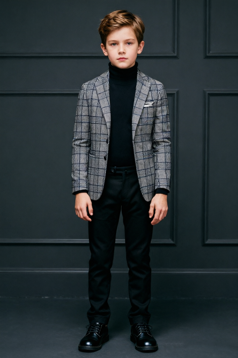 Boys Grey Plaid with Notch Lapel 2‑Piece Suit