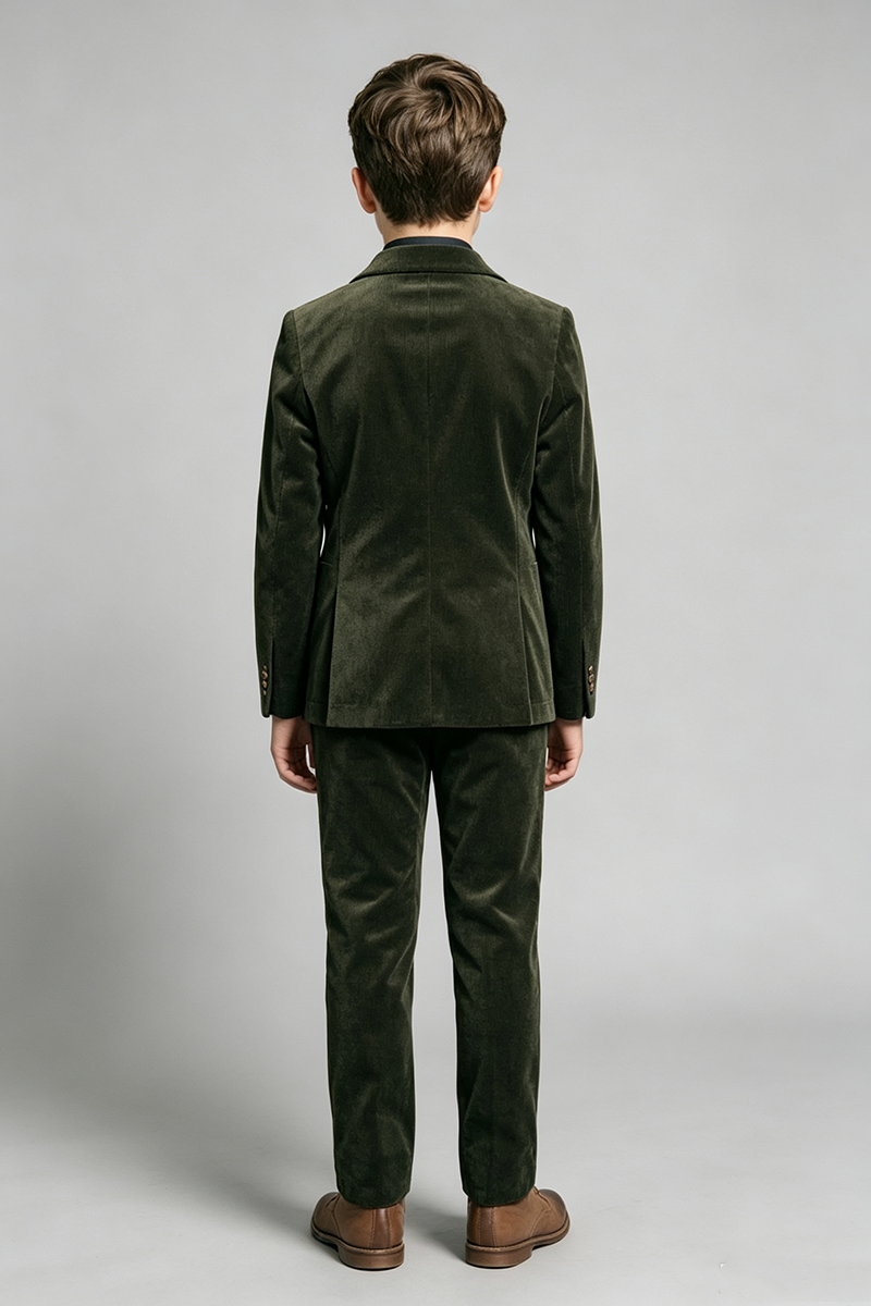 Boys Olive Corduroy with Notch Lapel 2‑Piece Suit for Weddings