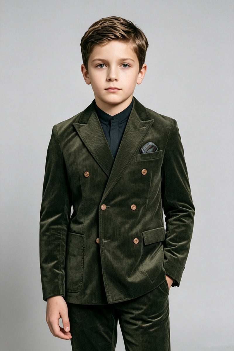 Boys Olive Corduroy with Notch Lapel 2‑Piece Suit for Weddings