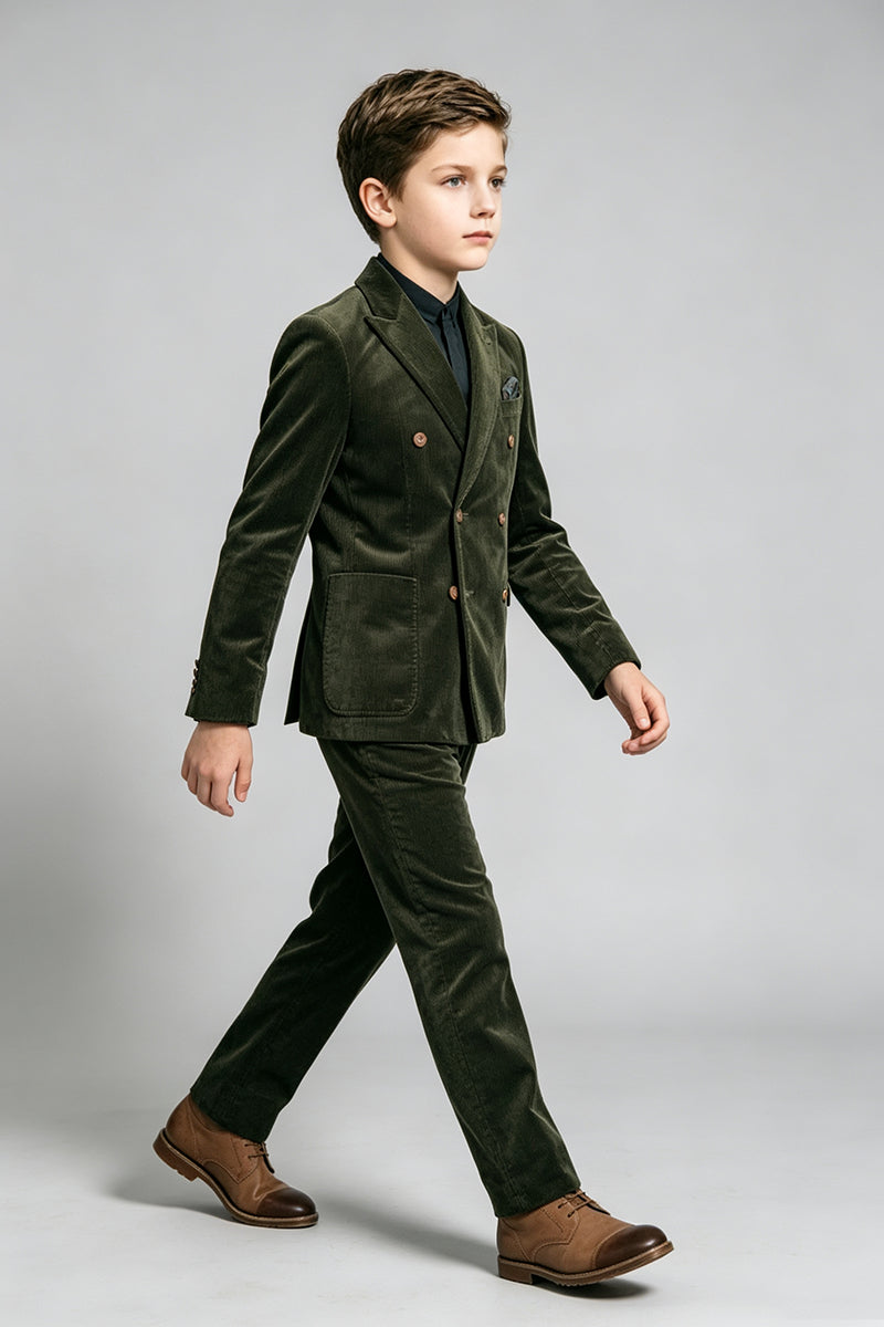 Boys Olive Corduroy with Notch Lapel 2‑Piece Suit for Weddings