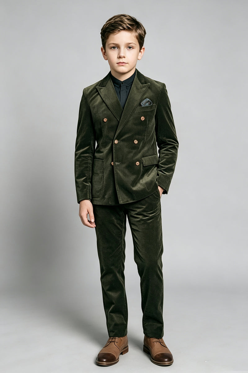 Boys Olive Corduroy with Notch Lapel 2‑Piece Suit for Weddings