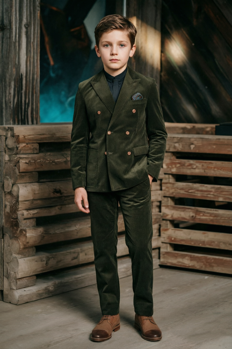 Boys Olive Corduroy with Notch Lapel 2‑Piece Suit for Weddings
