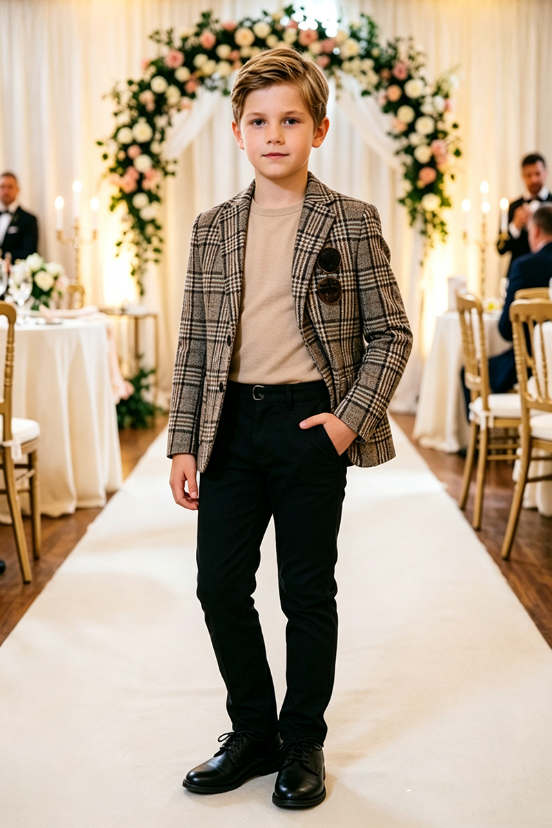 Boys Brown Plaid with Notch Lapel 2‑Piece Suit for Weddings