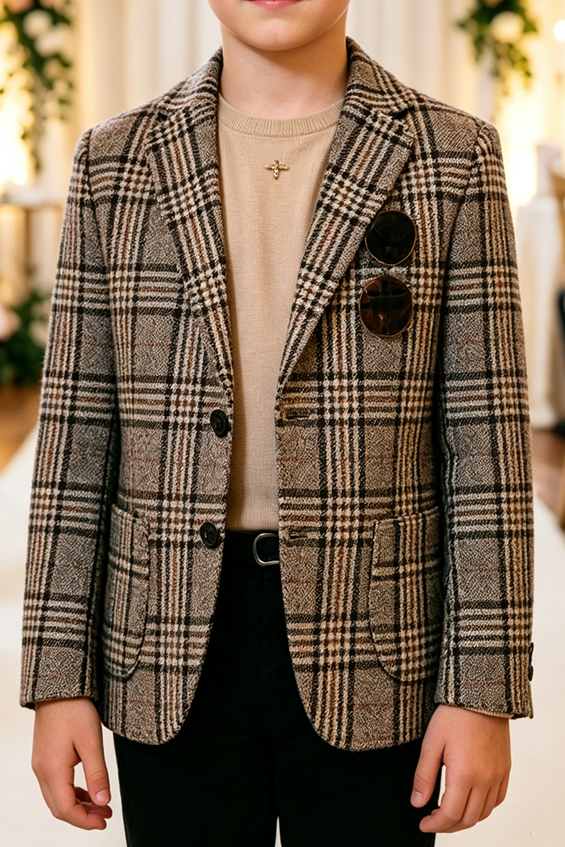 Boys Brown Plaid with Notch Lapel 2‑Piece Suit for Weddings