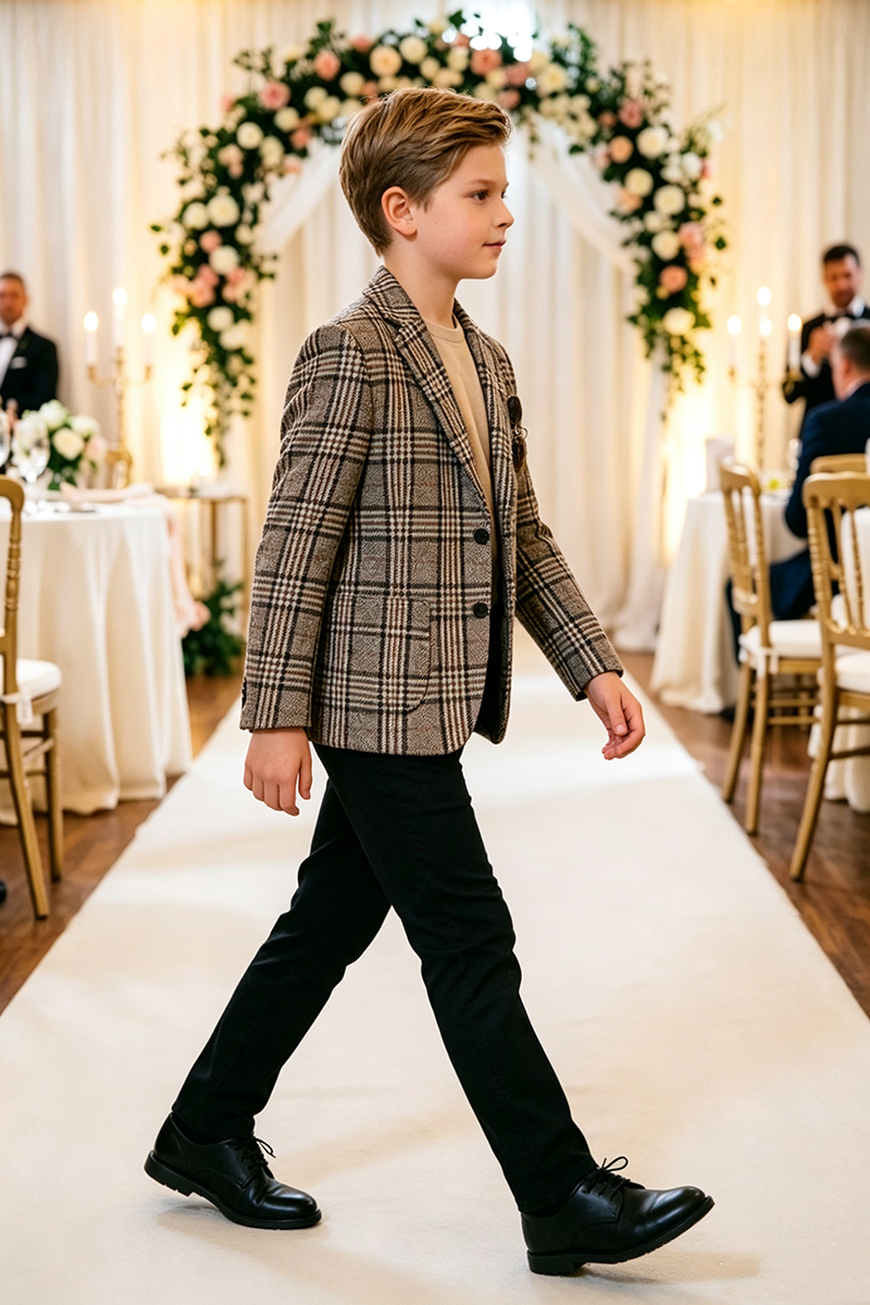 Boys Brown Plaid with Notch Lapel 2‑Piece Suit for Weddings