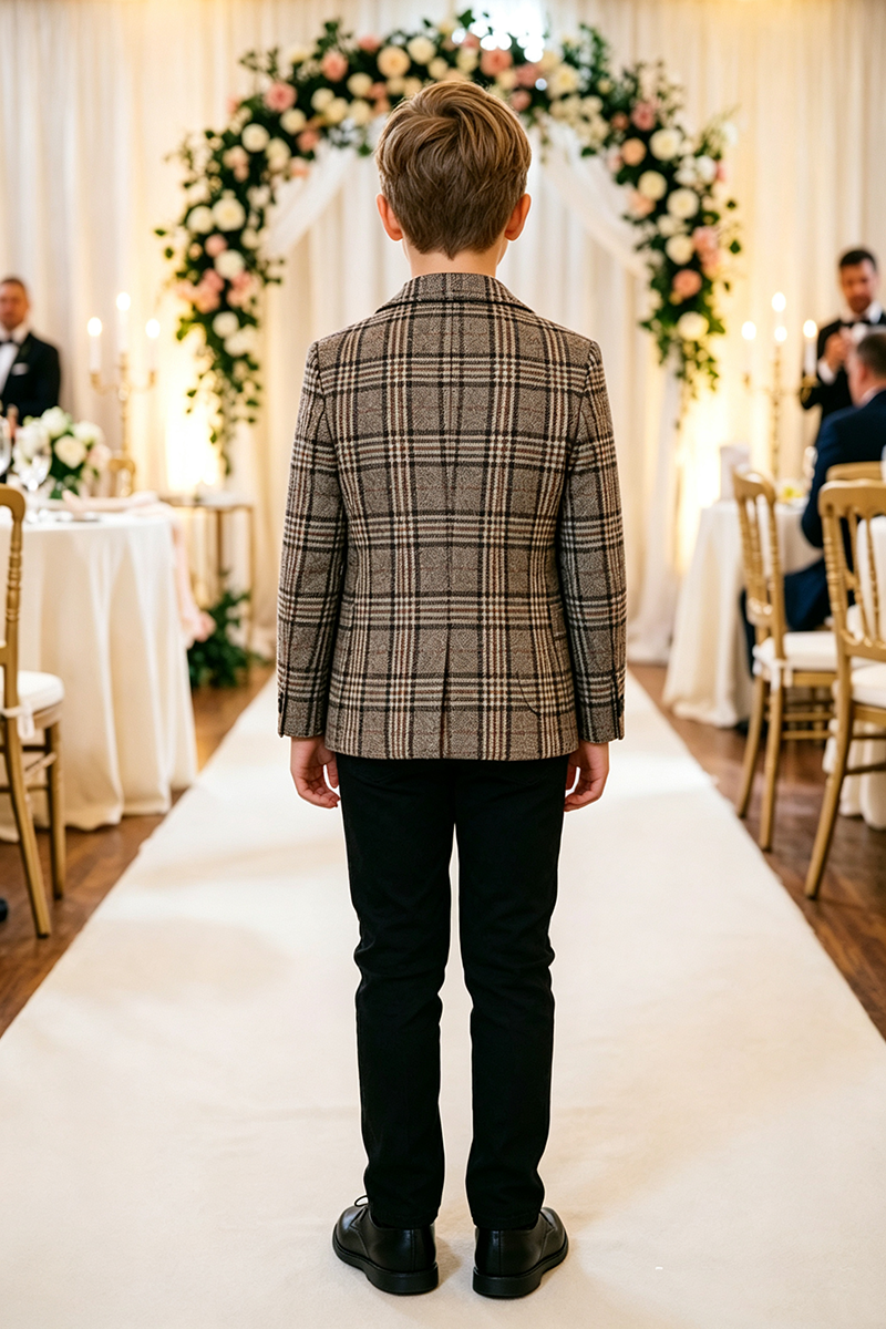 Boys Brown Plaid with Notch Lapel 2‑Piece Suit for Weddings