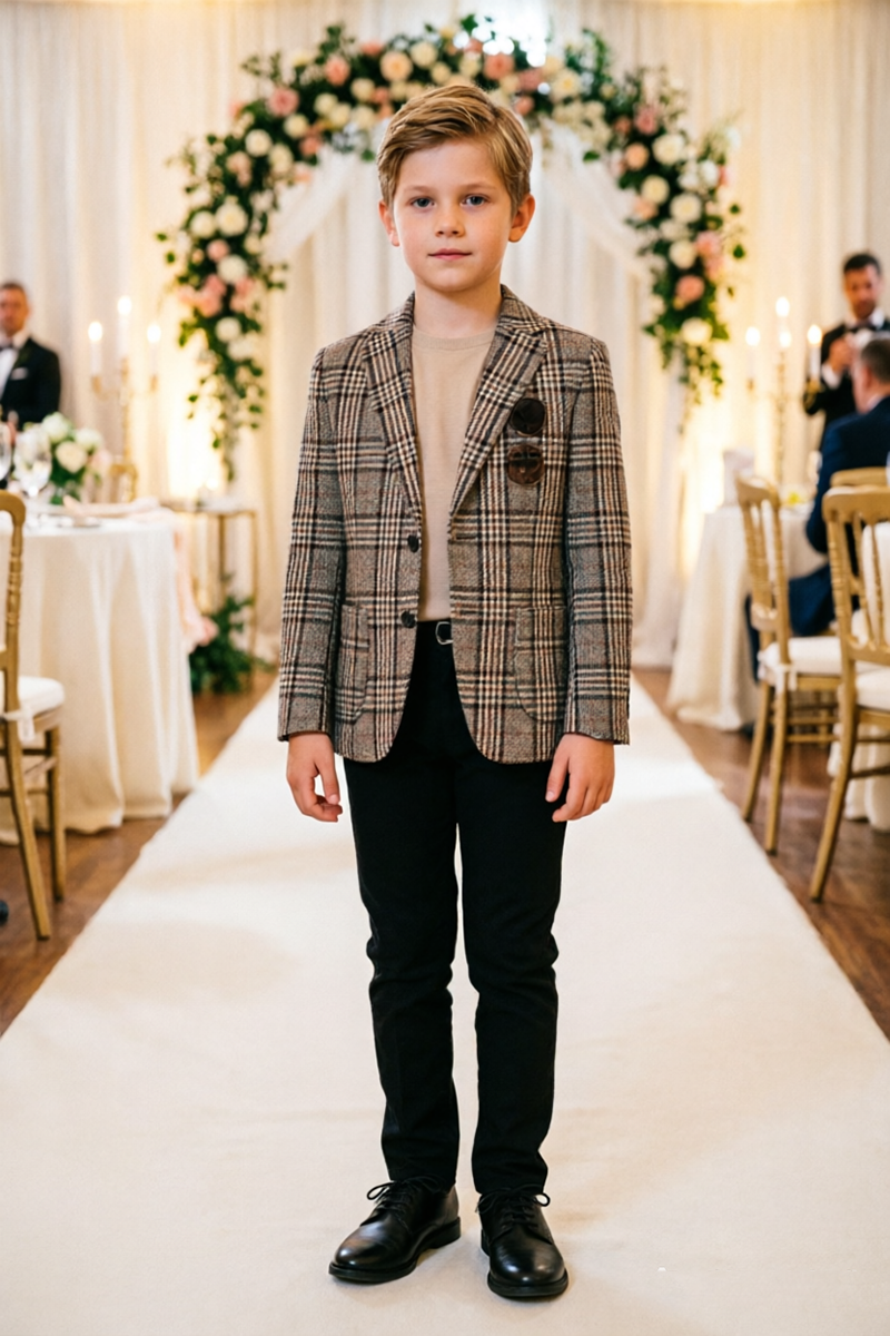 Boys Brown Plaid with Notch Lapel 2‑Piece Suit for Weddings
