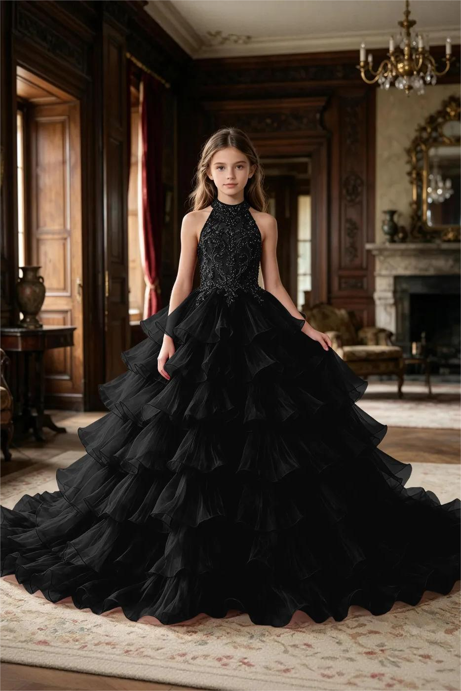 Deep Burgundy Halter Lace Sequin Organza Tiered Cake A-Line Pageant Dress