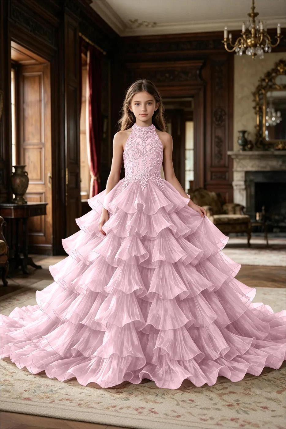 Deep Burgundy Halter Lace Sequin Organza Tiered Cake A-Line Pageant Dress