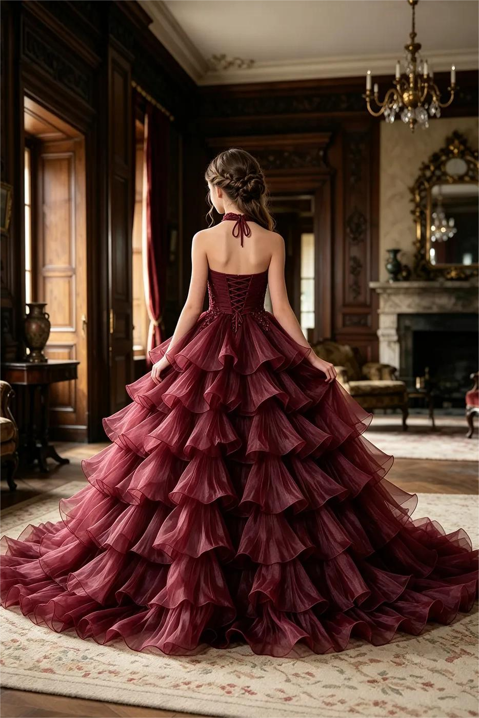 Deep Burgundy Halter Lace Sequin Organza Tiered Cake A-Line Pageant Dress