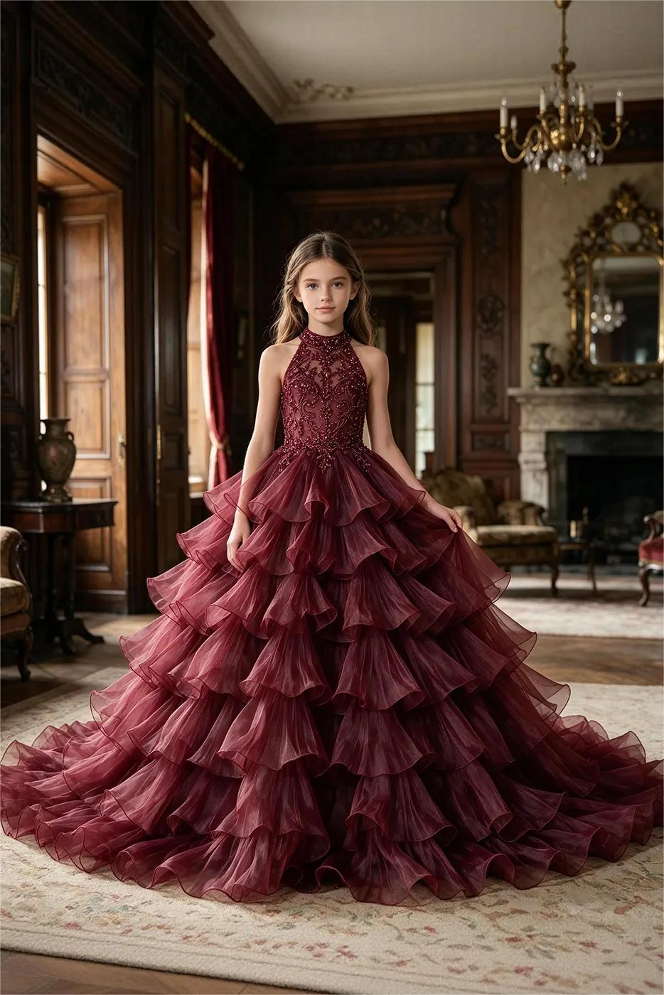 Deep Burgundy Halter Lace Sequin Organza Tiered Cake A-Line Pageant Dress