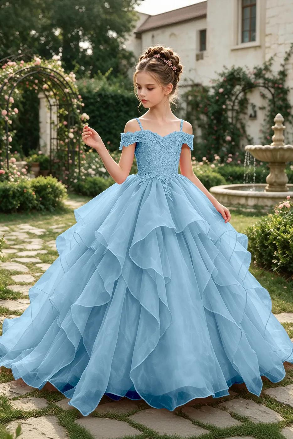 Pink Off-Shoulder Lace Sequin Organza A-Line Pageant Dress