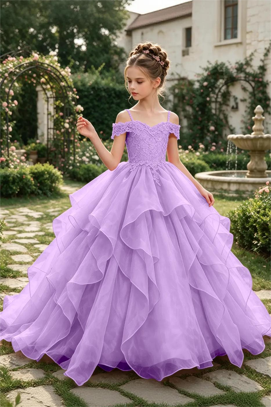 Pink Off-Shoulder Lace Sequin Organza A-Line Pageant Dress