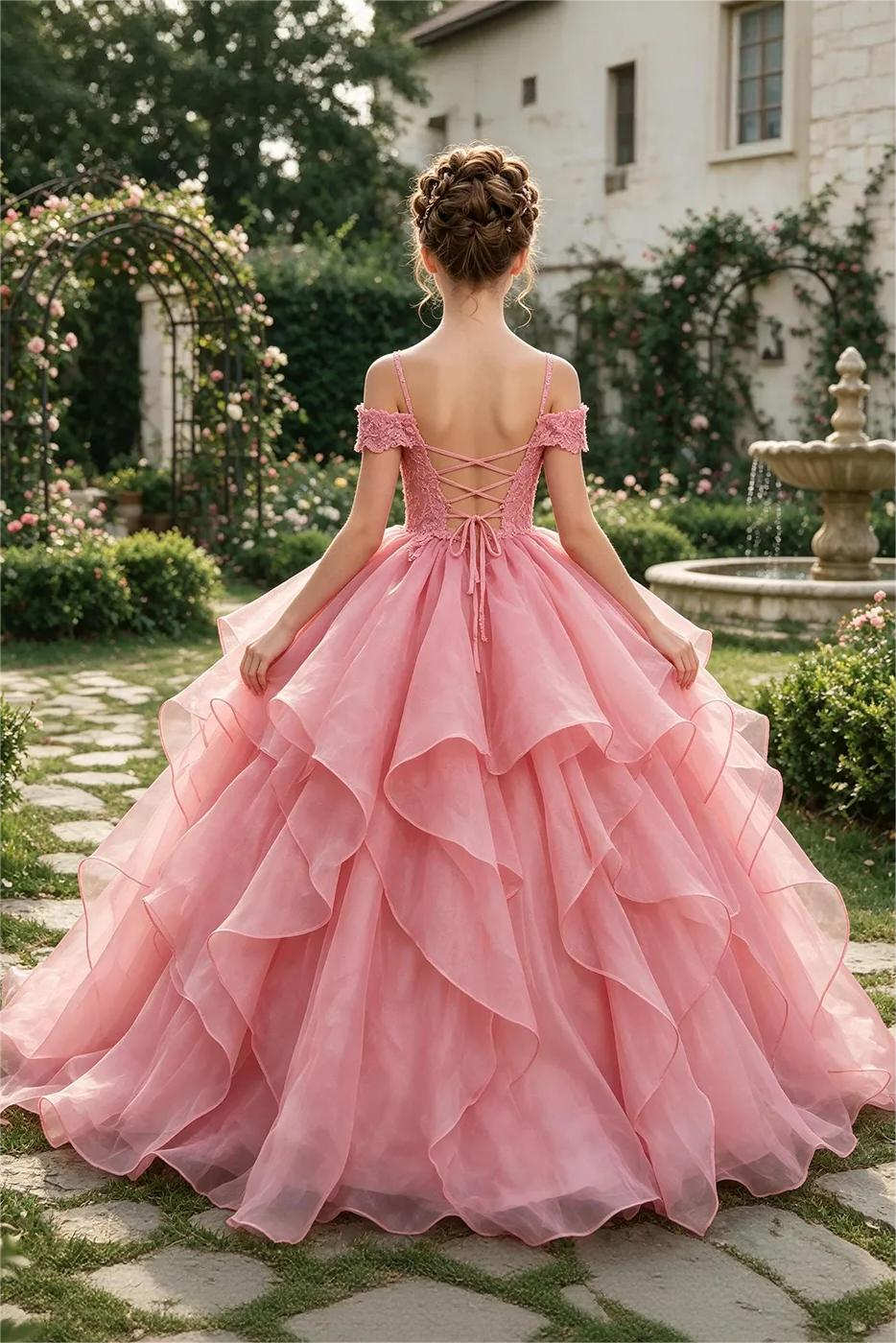 Pink Off-Shoulder Lace Sequin Organza A-Line Pageant Dress
