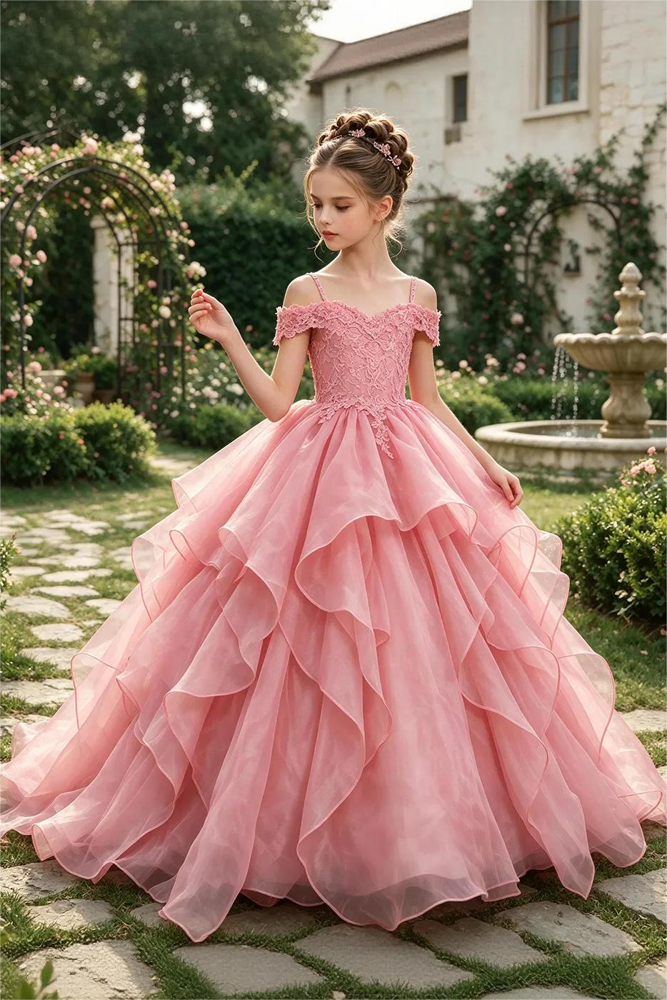 Pink Off-Shoulder Lace Sequin Organza A-Line Pageant Dress