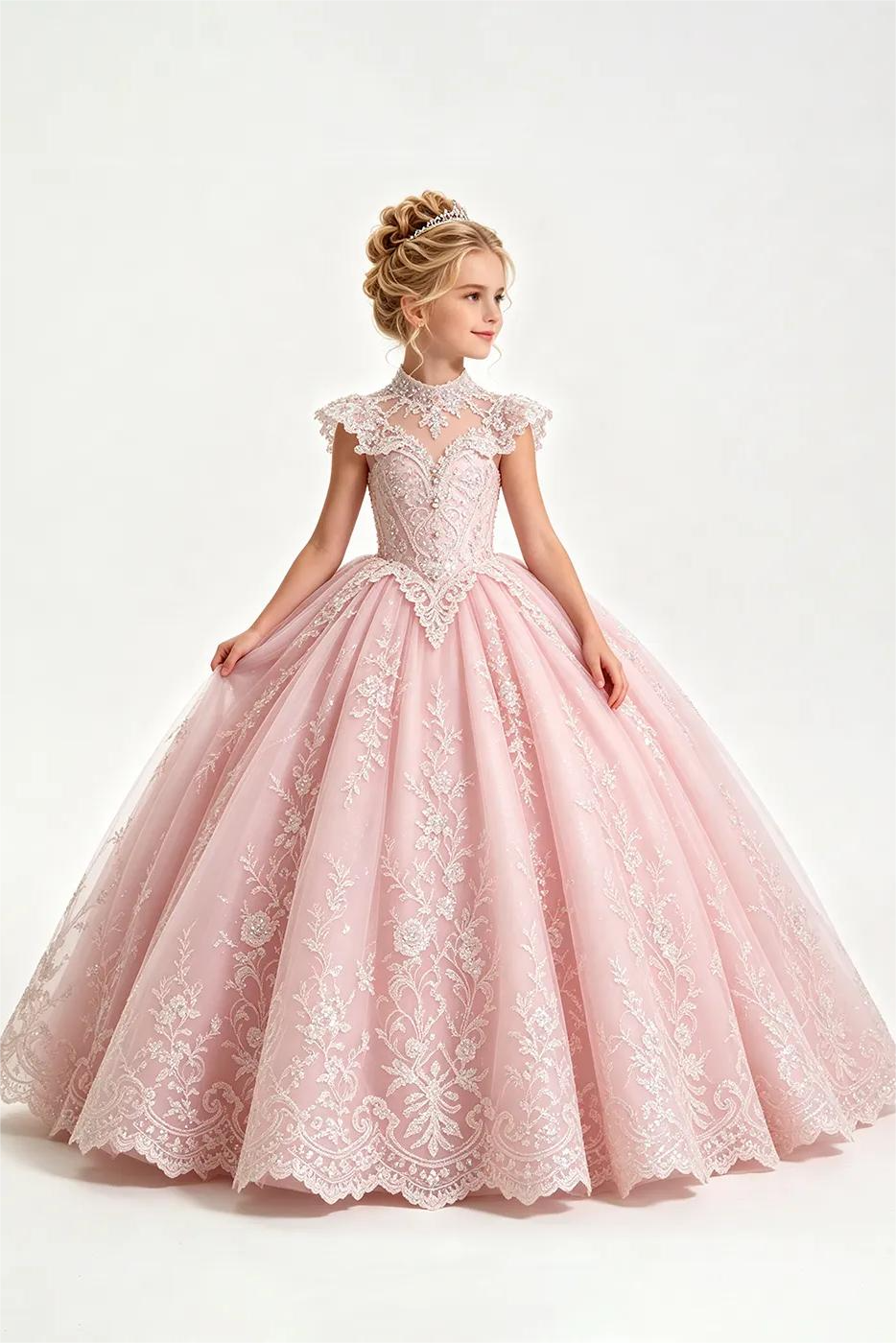 Light Blue High Neck Lace Sequin Tulle A-Line Pageant Dress
