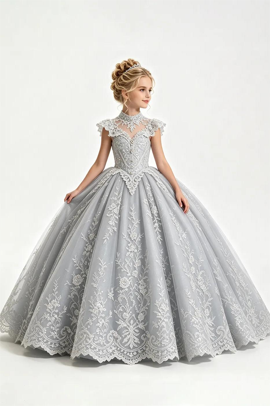 Light Blue High Neck Lace Sequin Tulle A-Line Pageant Dress