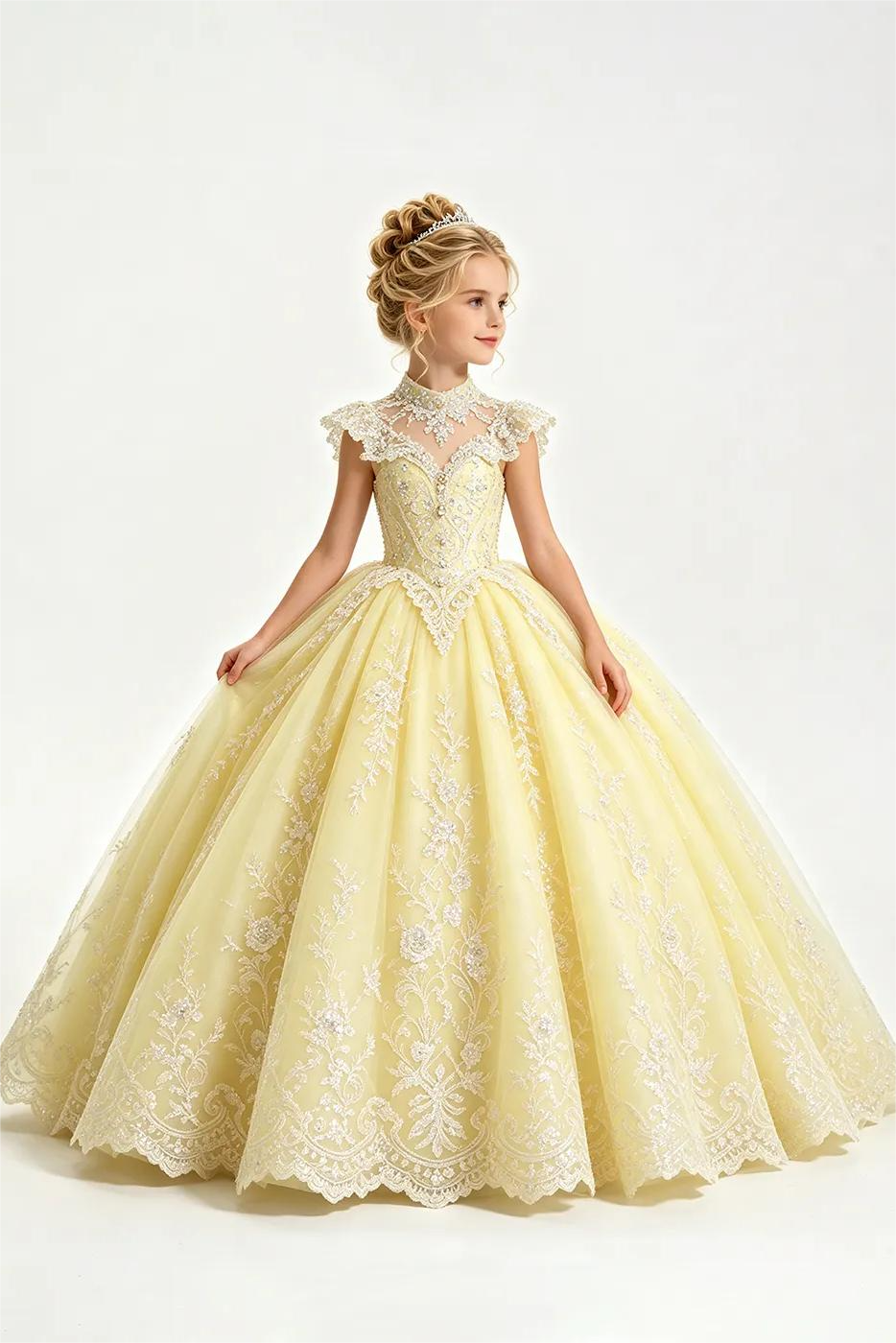 Light Blue High Neck Lace Sequin Tulle A-Line Pageant Dress