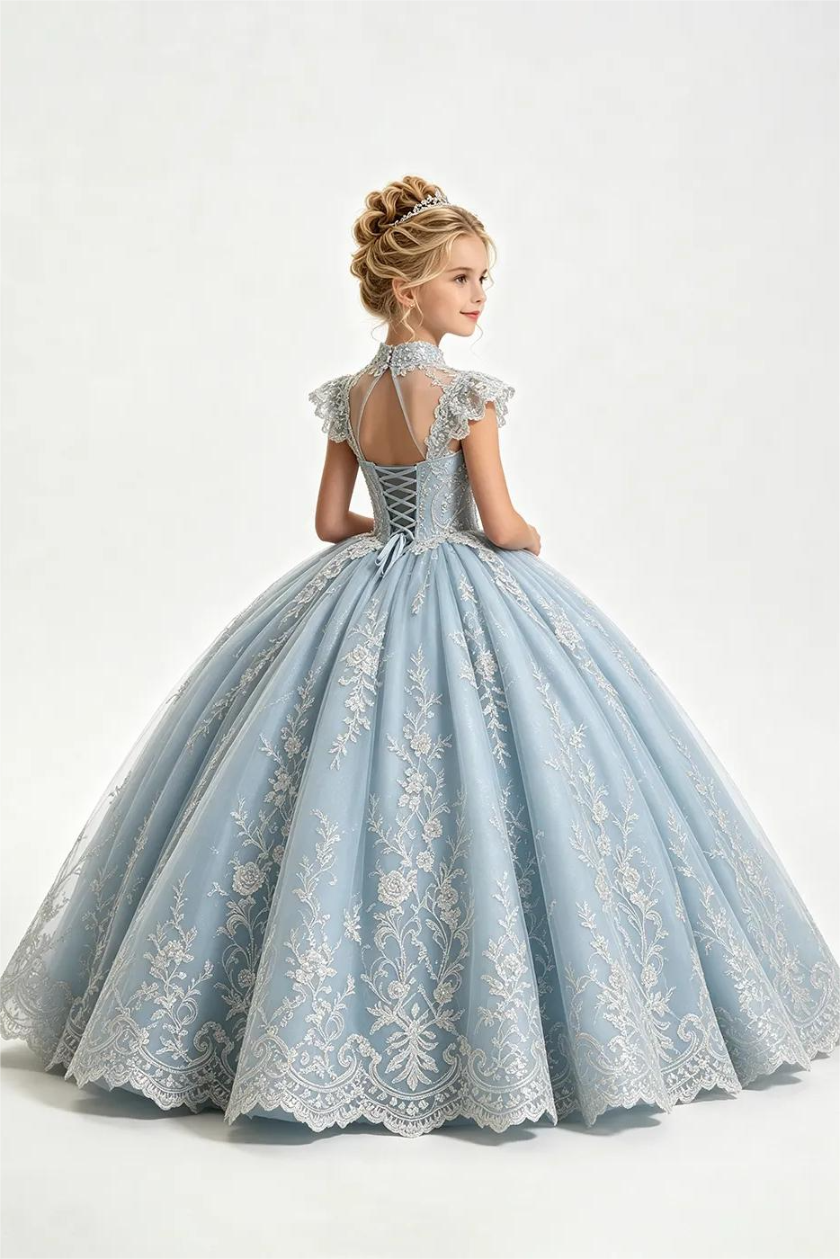 Light Blue High Neck Lace Sequin Tulle A-Line Pageant Dress