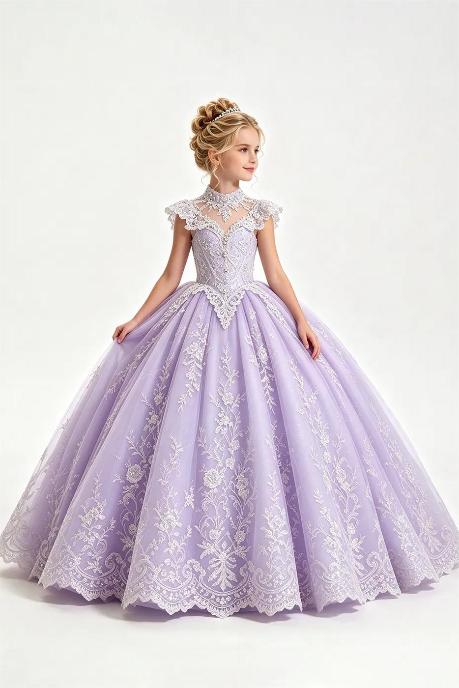 Light Blue High Neck Lace Sequin Tulle A-Line Pageant Dress