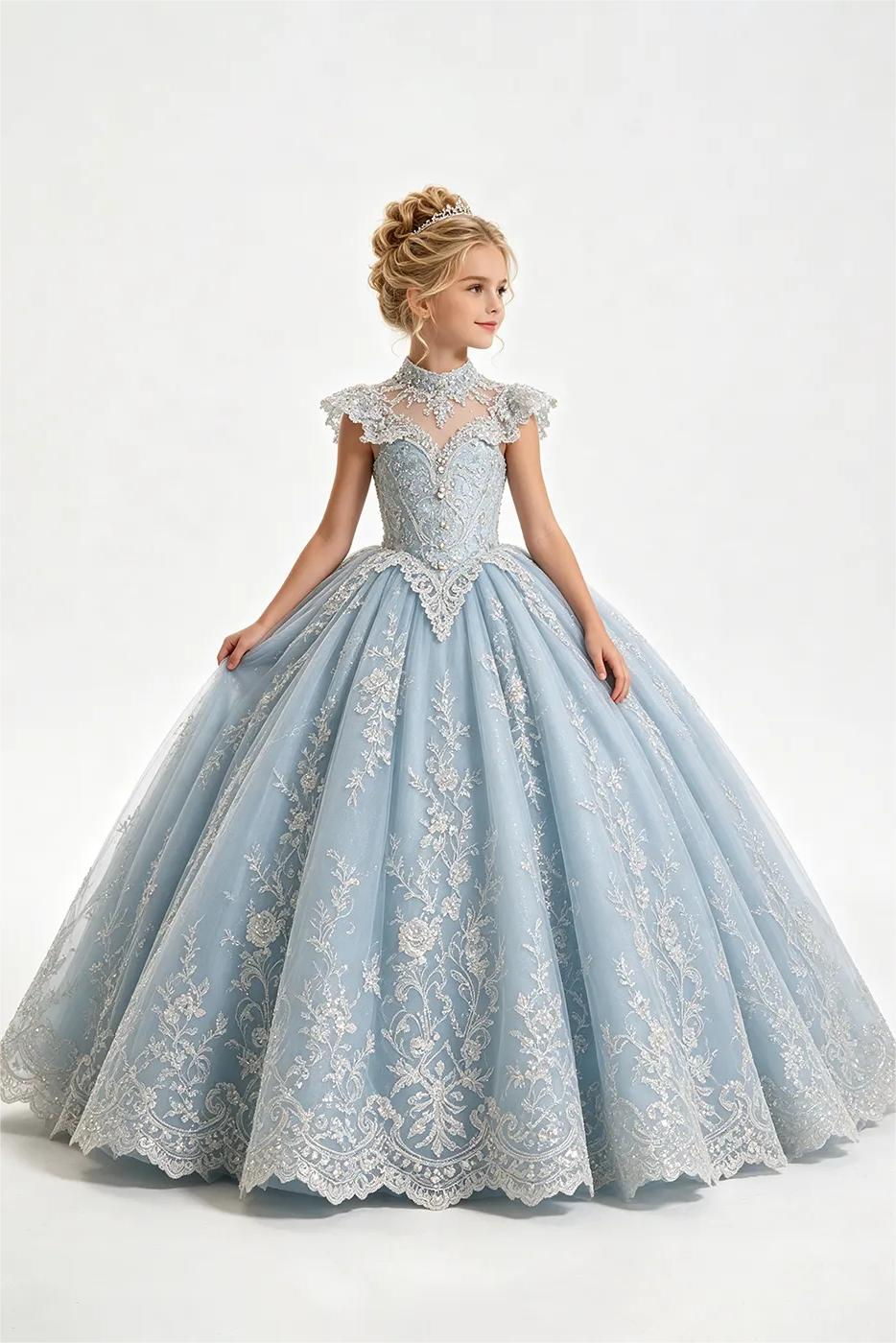 Light Blue High Neck Lace Sequin Tulle A-Line Pageant Dress