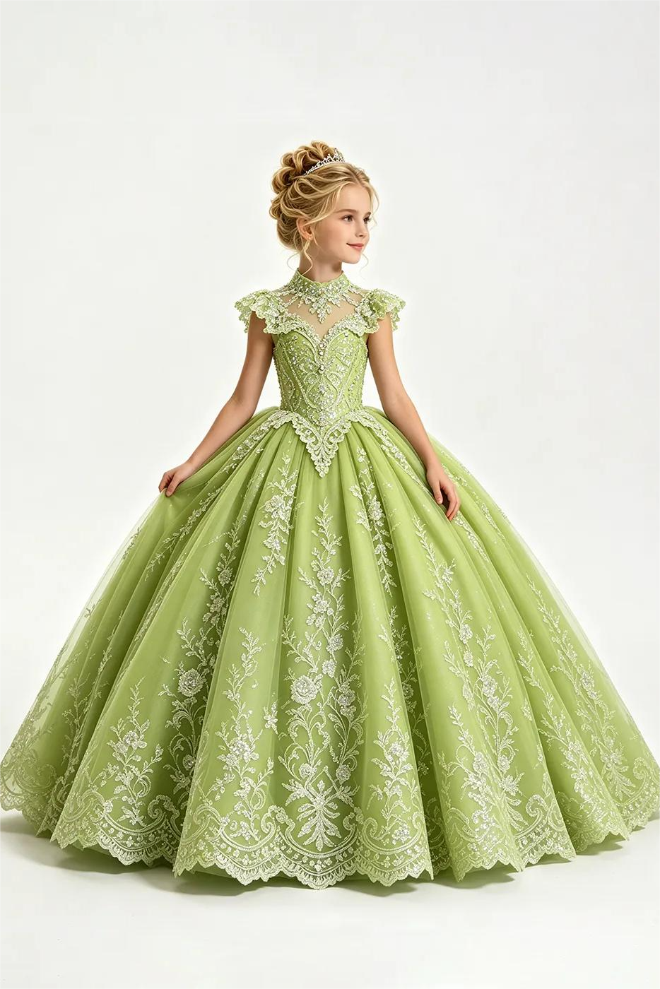 Light Blue High Neck Lace Sequin Tulle A-Line Pageant Dress