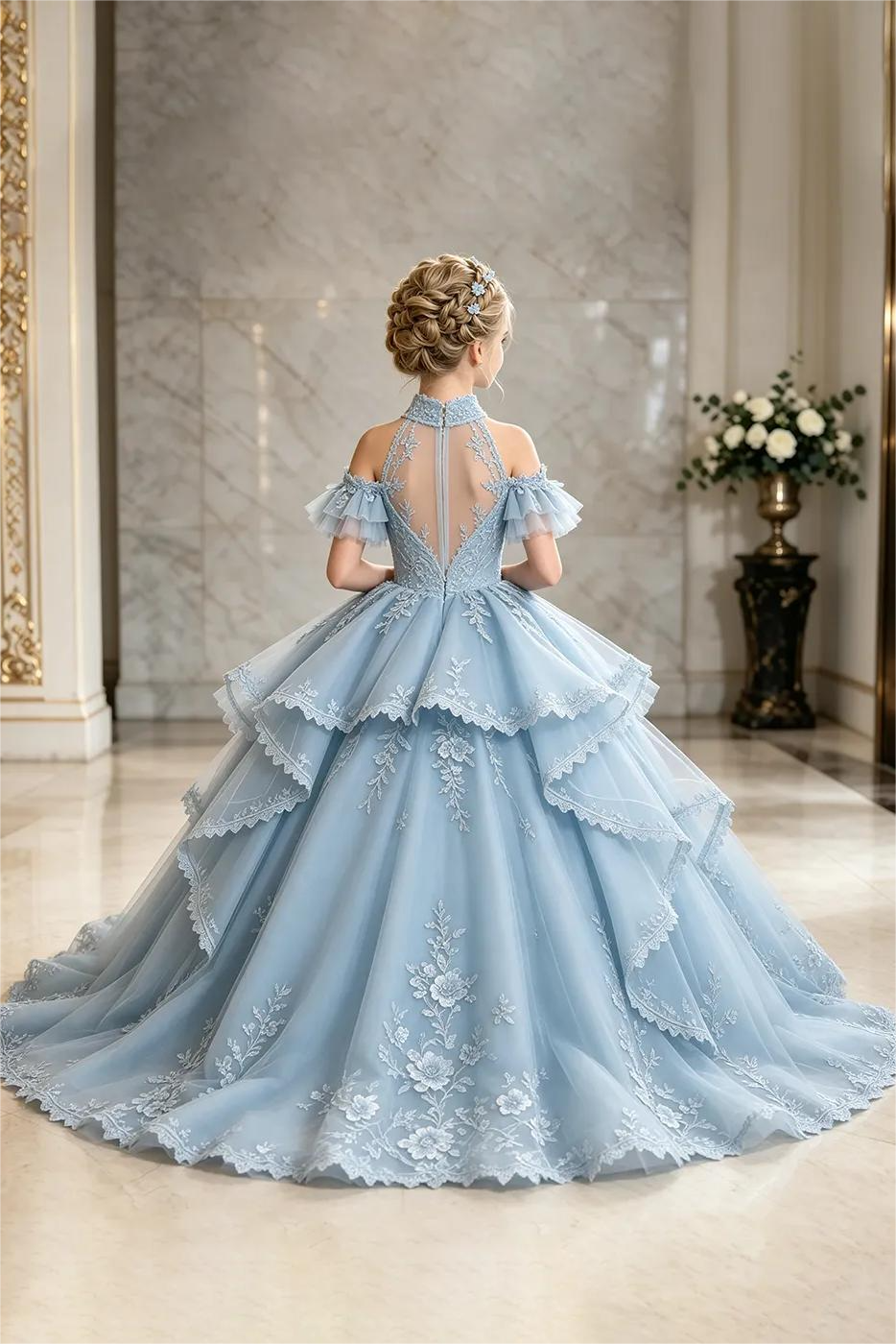 Light Blue Halter Cold Shoulder Lace Sequin Tulle A-Line Pageant Dress