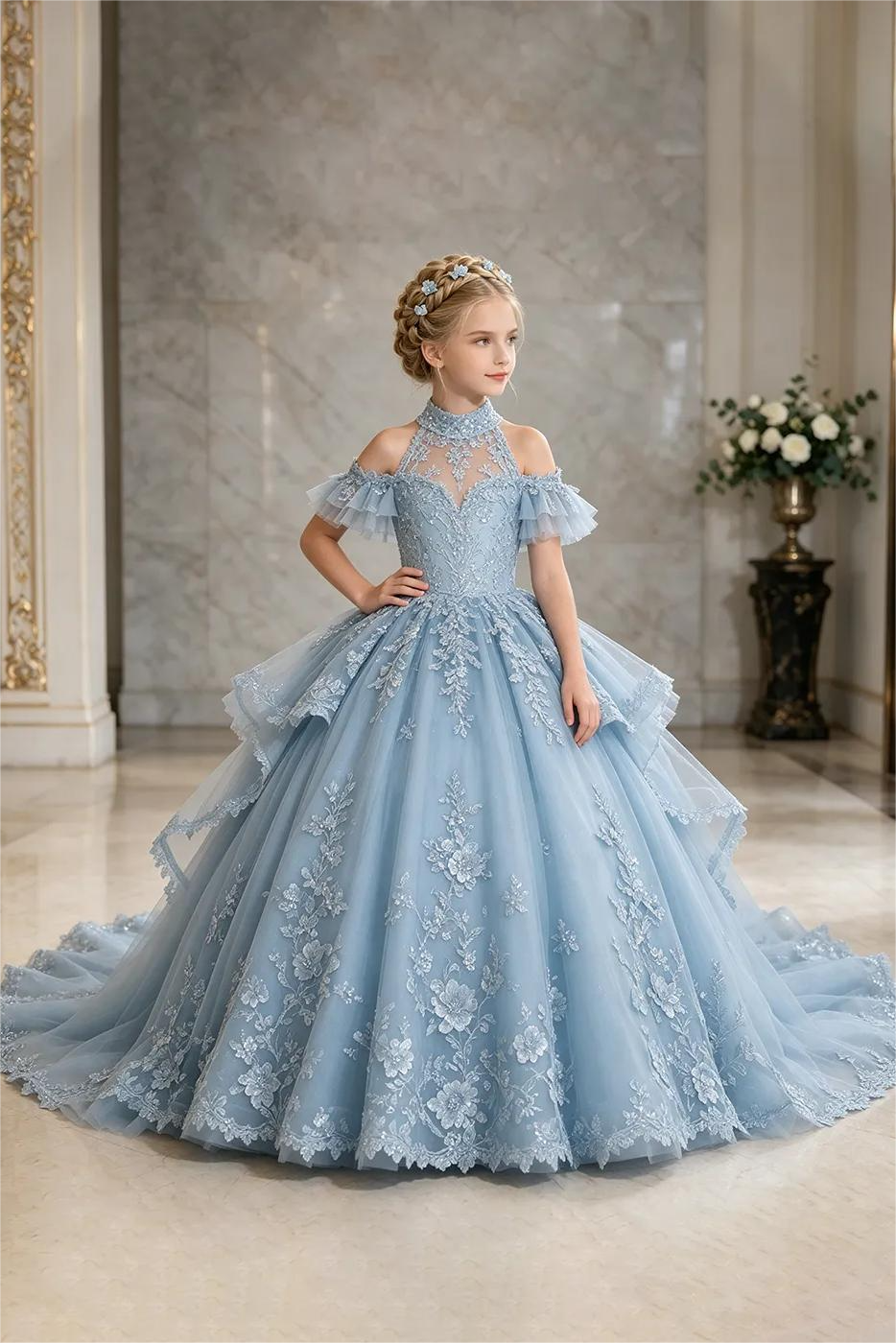 Light Blue Halter Cold Shoulder Lace Sequin Tulle A-Line Pageant Dress