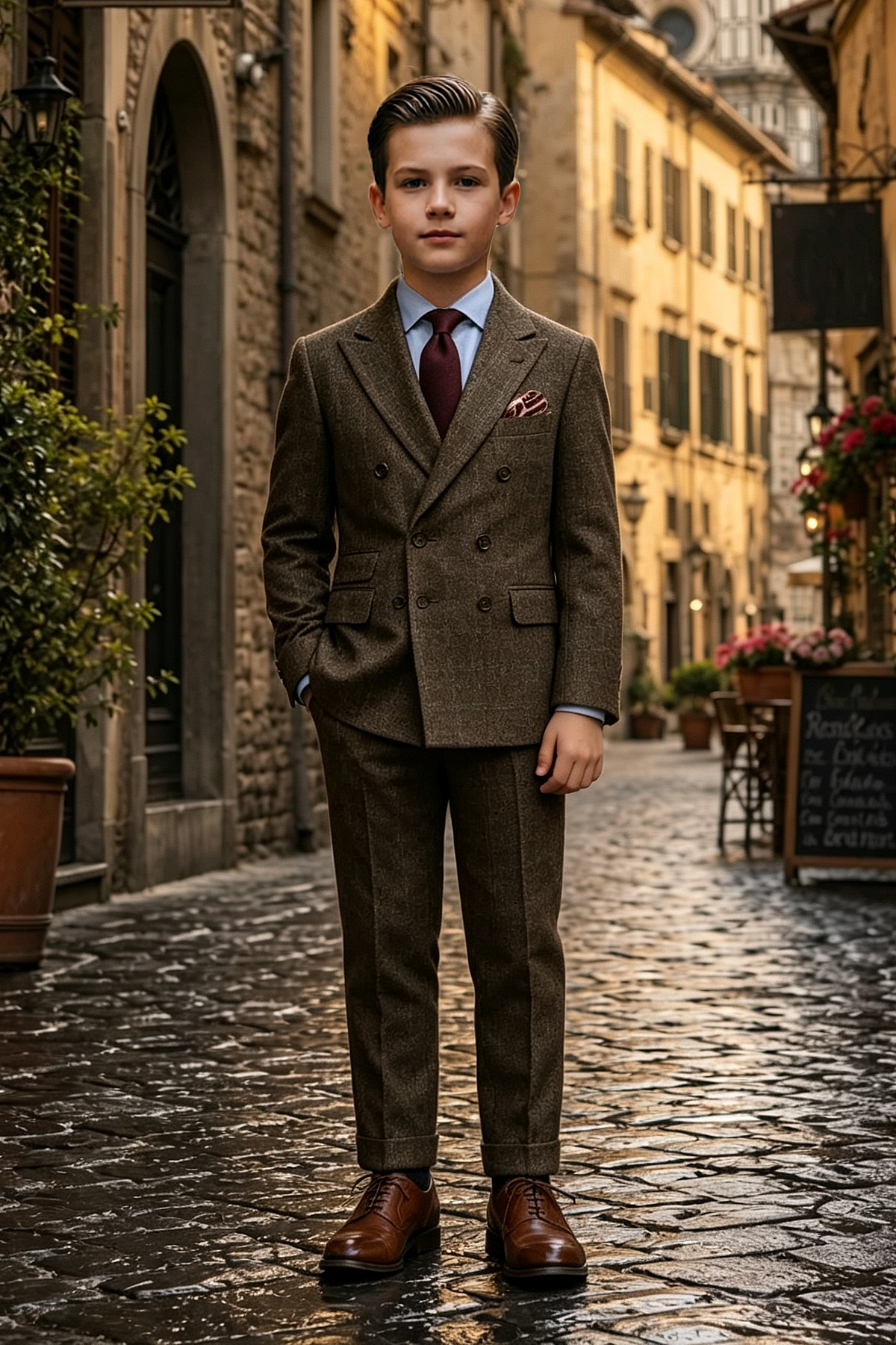 Deep Brown Check Tweed Double Breasted Blend 2-Piece Suit