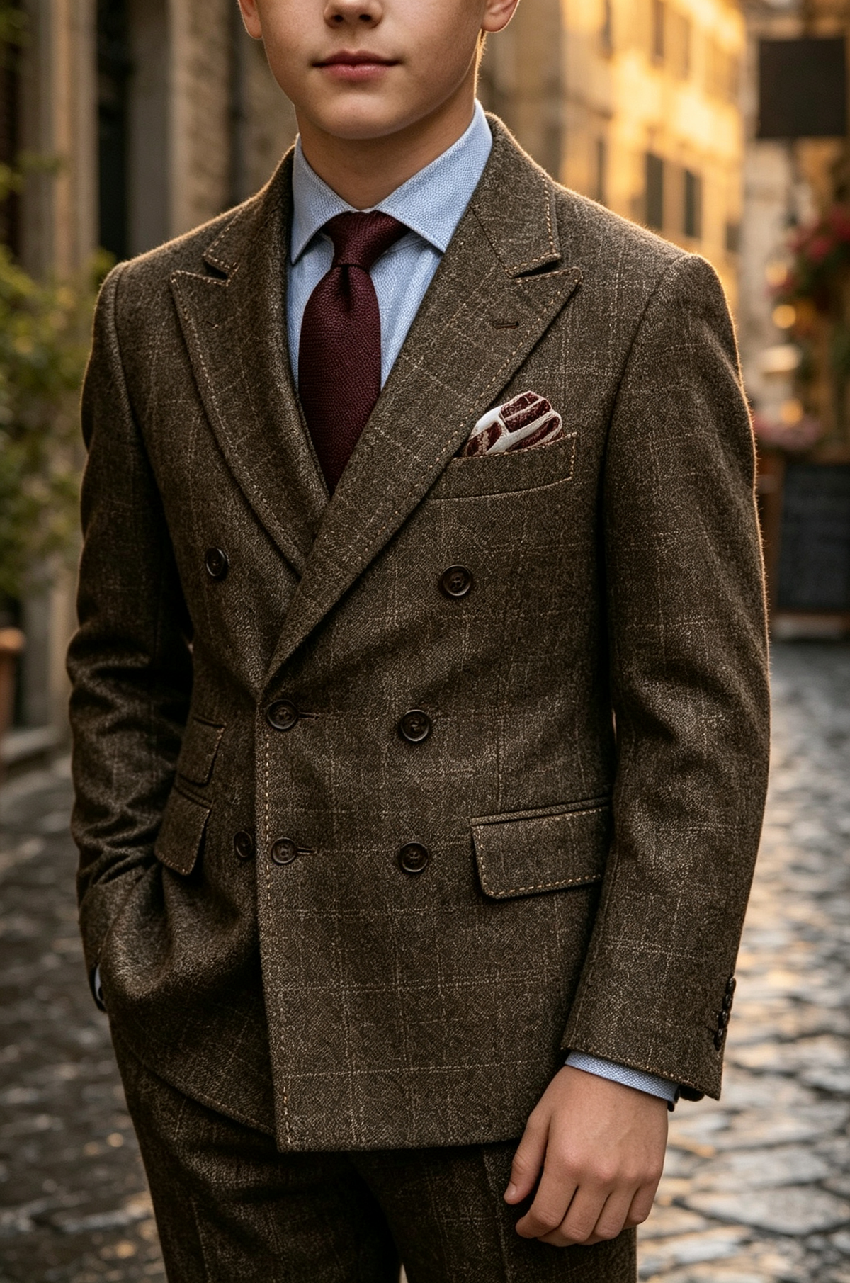 Deep Brown Check Tweed Double Breasted Blend 2-Piece Suit