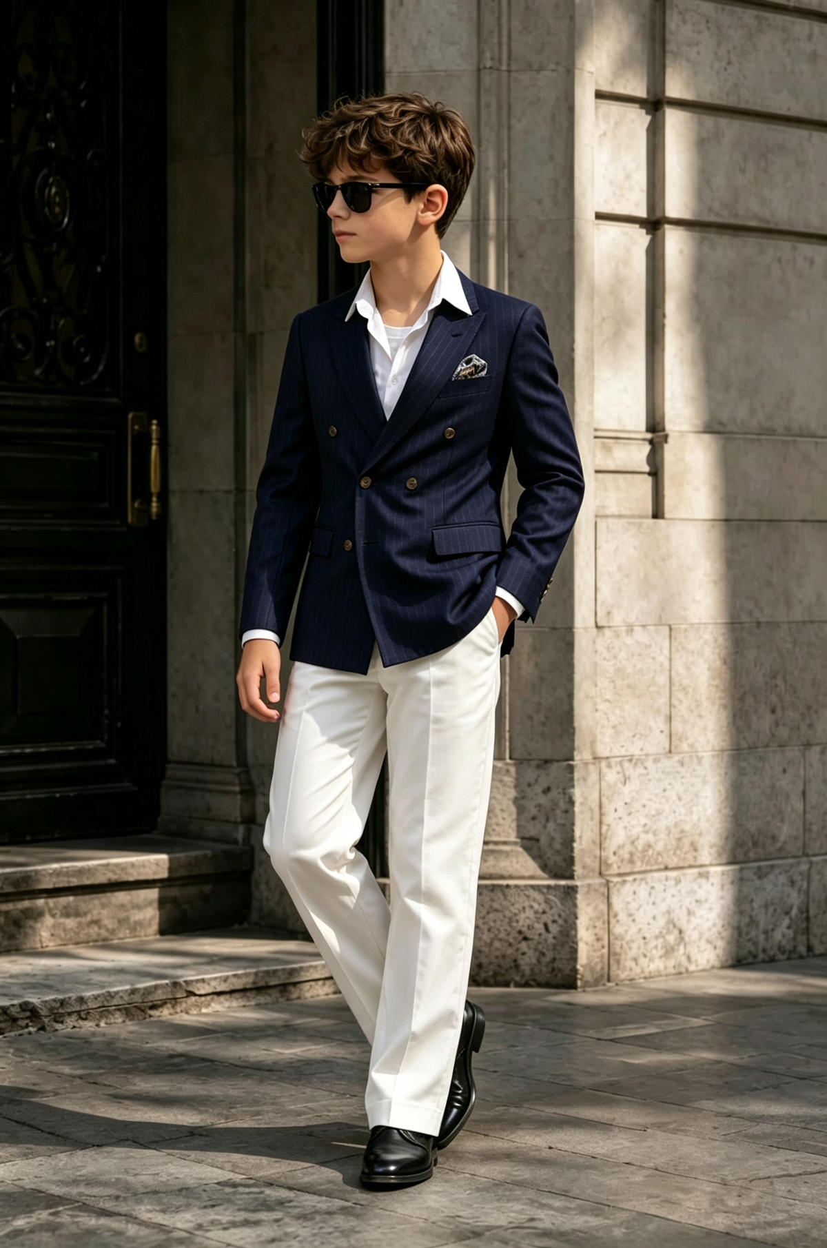 Navy & White Pinstripe Double Breasted Blend 2-Piece Suit