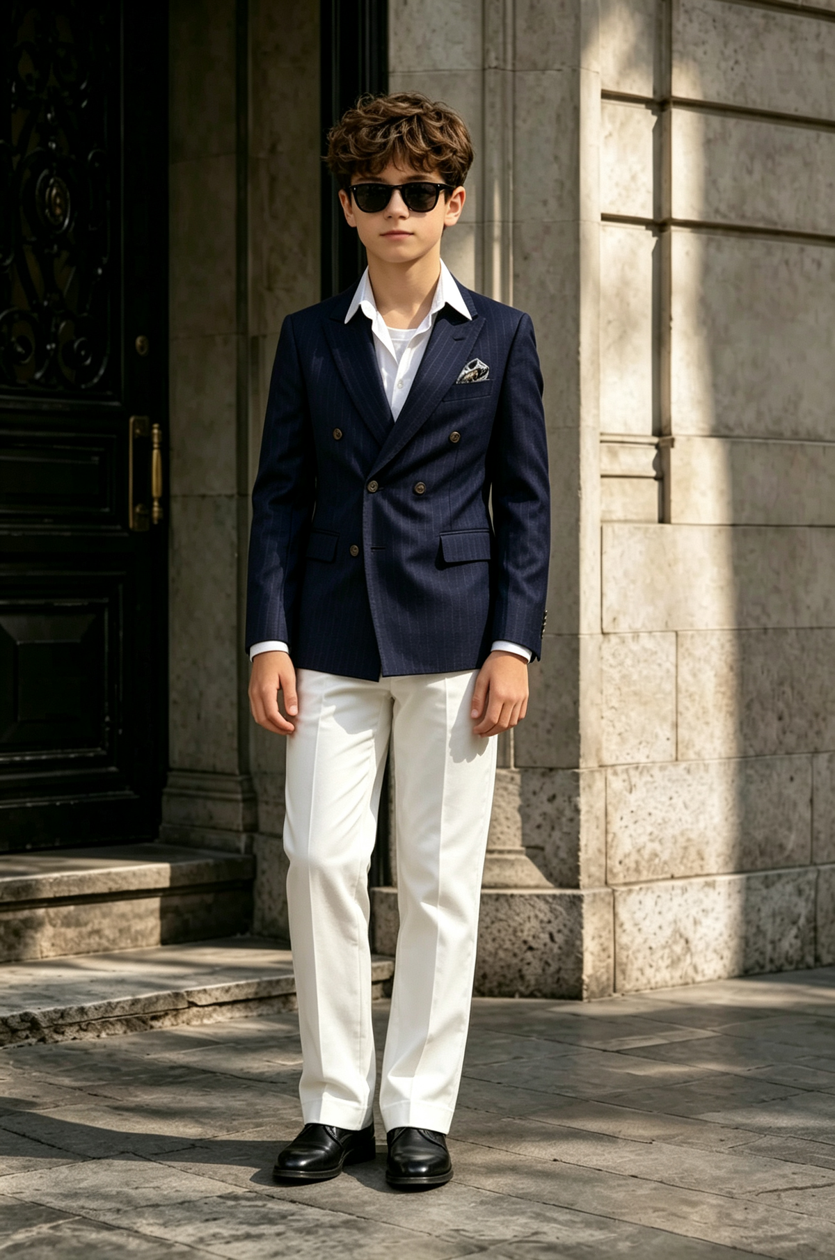 Navy & White Pinstripe Double Breasted Blend 2-Piece Suit