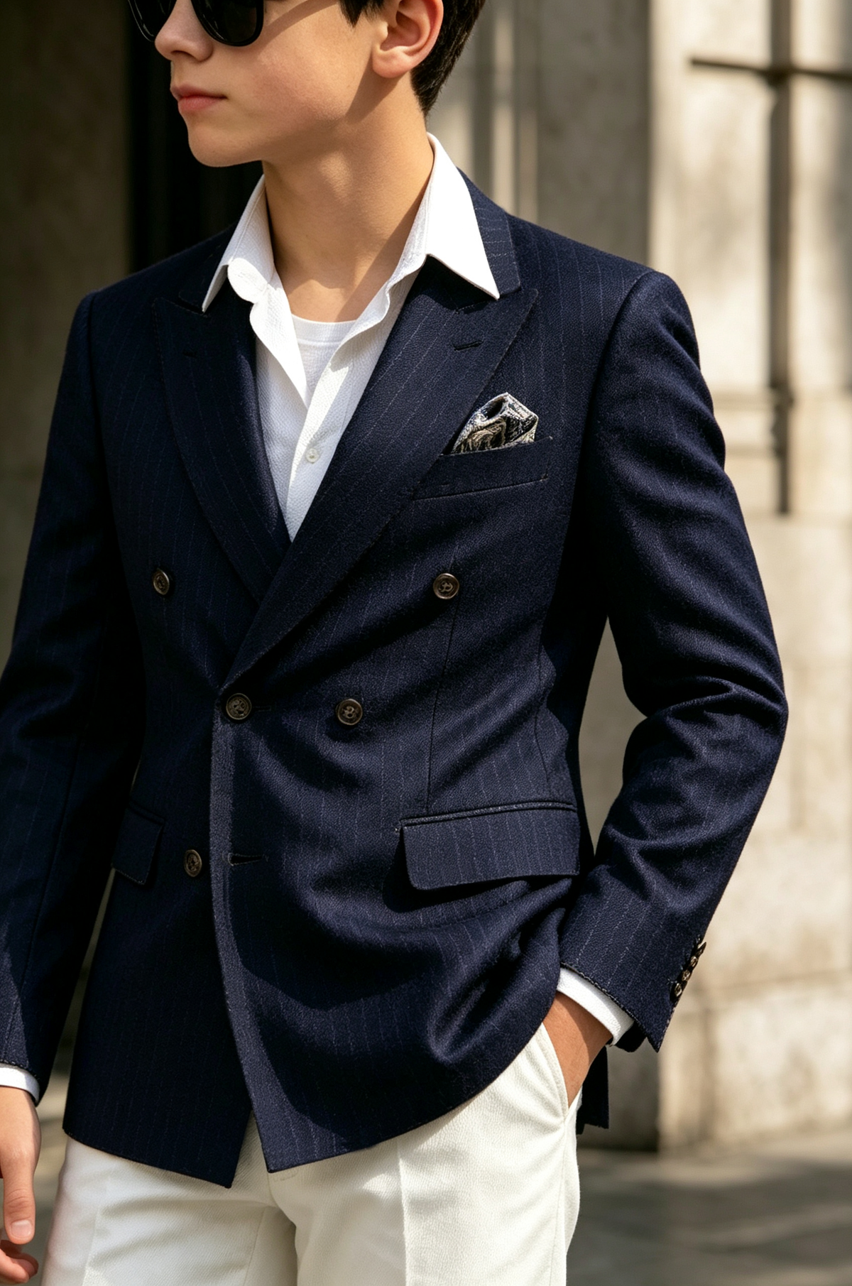 Navy & White Pinstripe Double Breasted Blend 2-Piece Suit