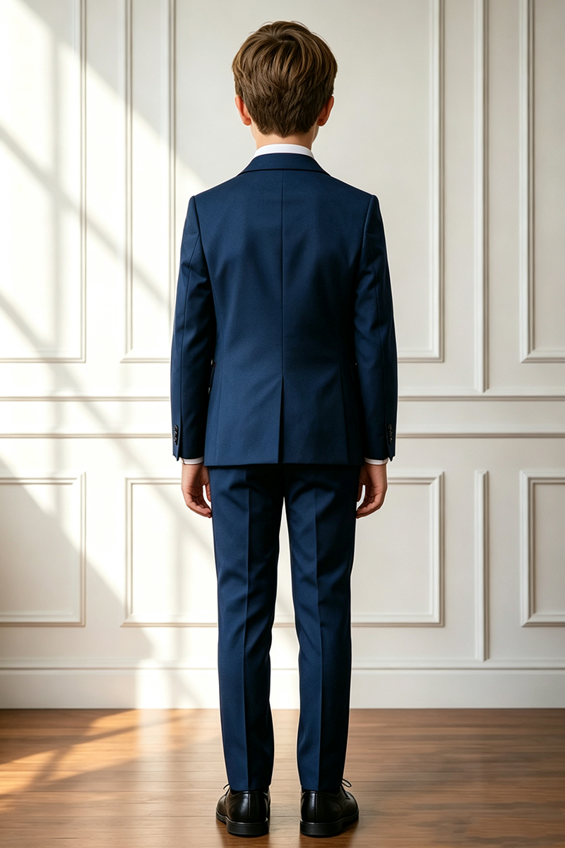 Boys Navy Tuxedo with Burgundy Notch Lapel 3‑Piece Suit for Weddings