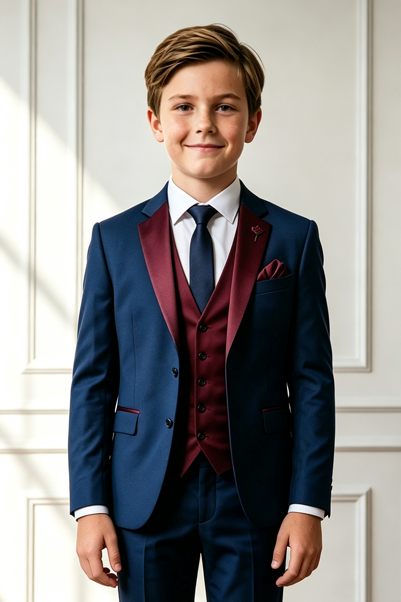 Boys Navy Tuxedo with Burgundy Notch Lapel 3‑Piece Suit for Weddings